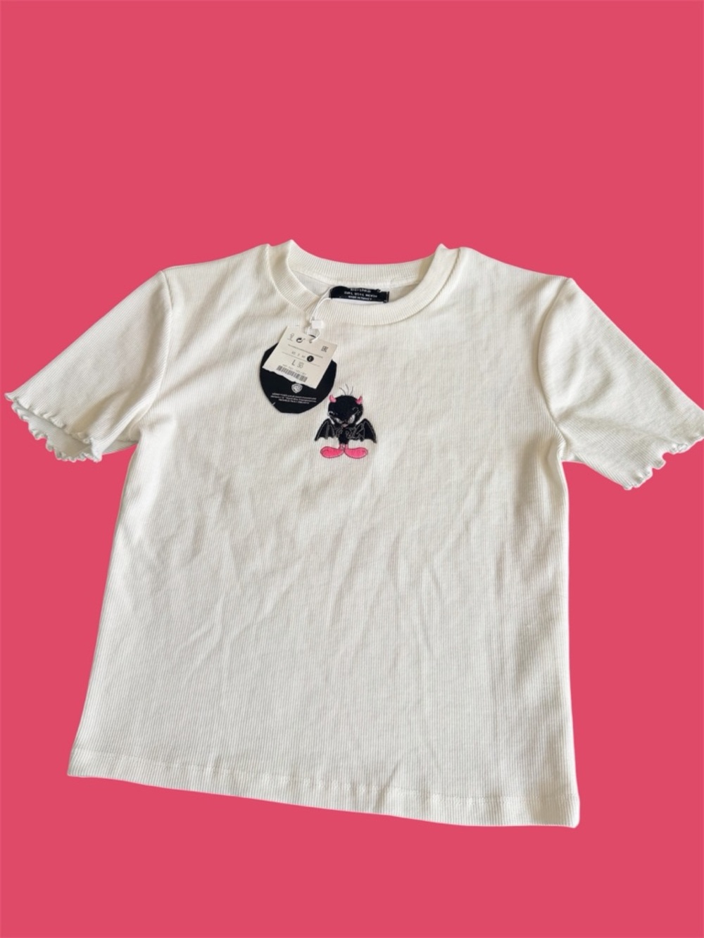 BERSHKA X LOONEY TUNES Ribbed Cropped White Graphic T-Shirt Size Small BRAND NEW